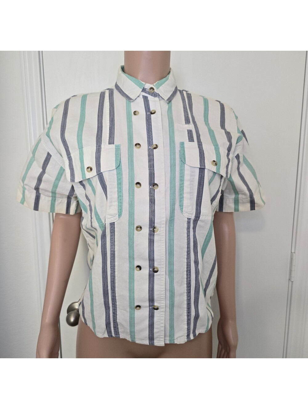 VTG Double Button Down Retro Striped Shirt Pockets Boxy Fit Slight High Low